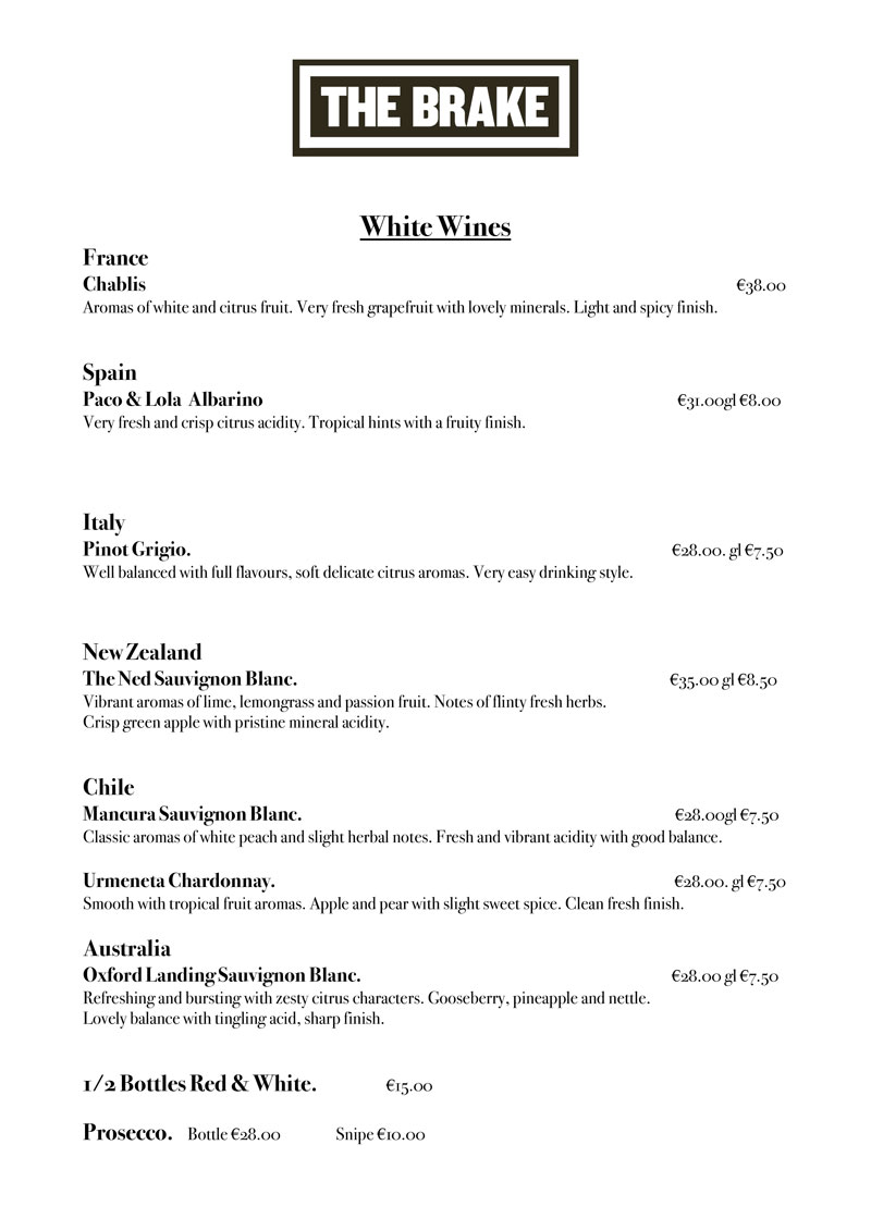 The Brake - White Wine List